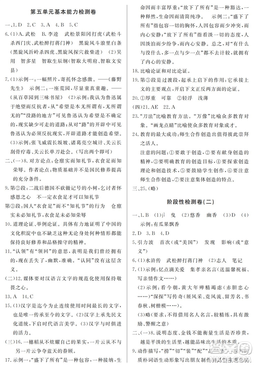 山東人民出版社2023年秋同步練習(xí)冊分層檢測卷九年級語文上冊人教版參考答案