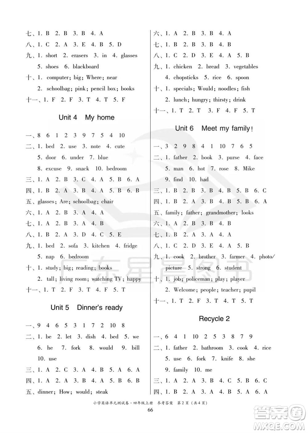 華南理工大學(xué)出版社2023年秋小學(xué)英語(yǔ)單元測(cè)試卷四年級(jí)上冊(cè)人教版中山專版參考答案