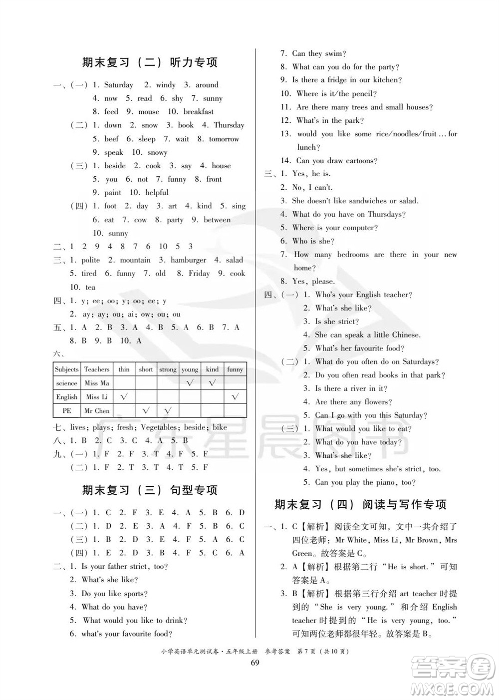 華南理工大學(xué)出版社2023年秋小學(xué)英語單元測試卷五年級上冊人教版中山專版參考答案