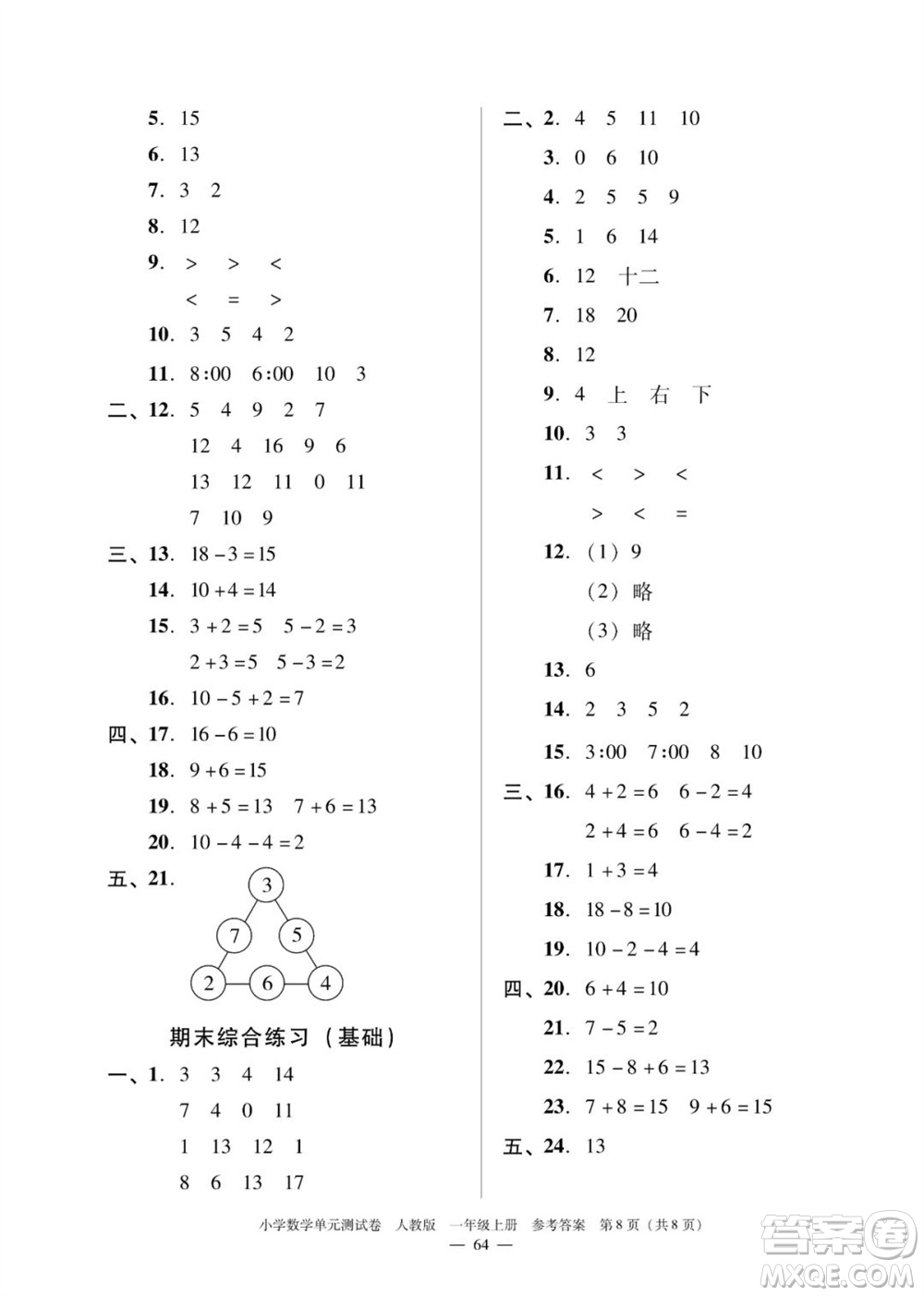 廣東人民出版社2023年秋小學(xué)數(shù)學(xué)單元測(cè)試卷一年級(jí)上冊(cè)人教版佛山專版參考答案