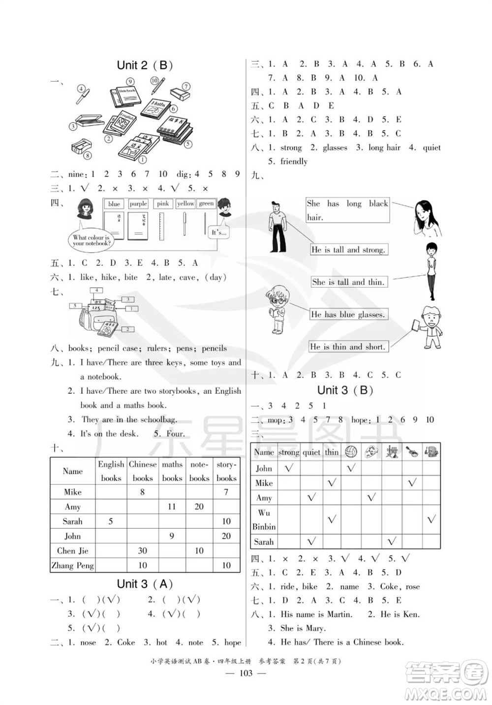 華南理工大學出版社2023年秋小學英語測試AB卷四年級上冊人教版佛山專版參考答案