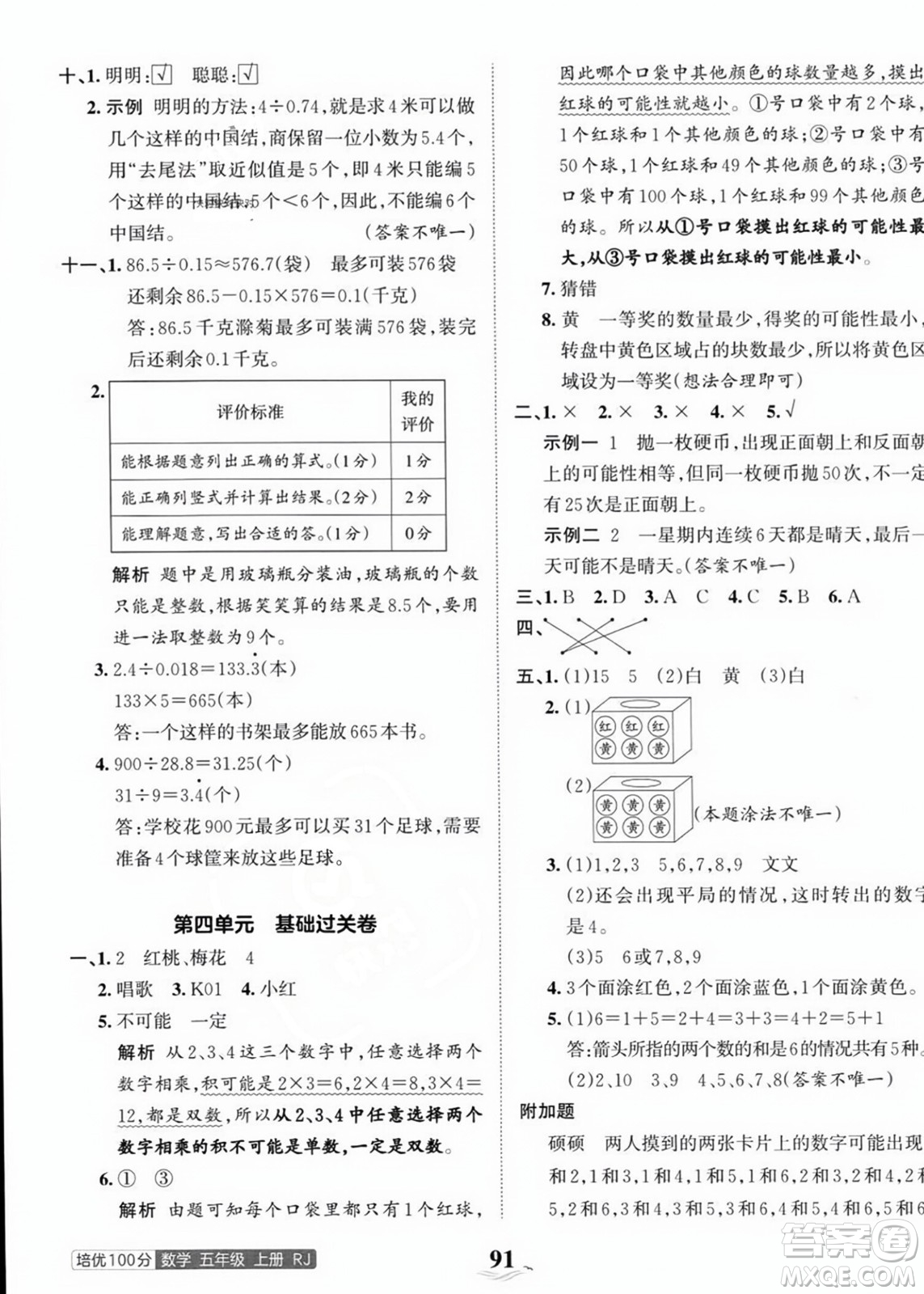 江西人民出版社2023年秋王朝霞培優(yōu)100分五年級數(shù)學上冊人教版答案