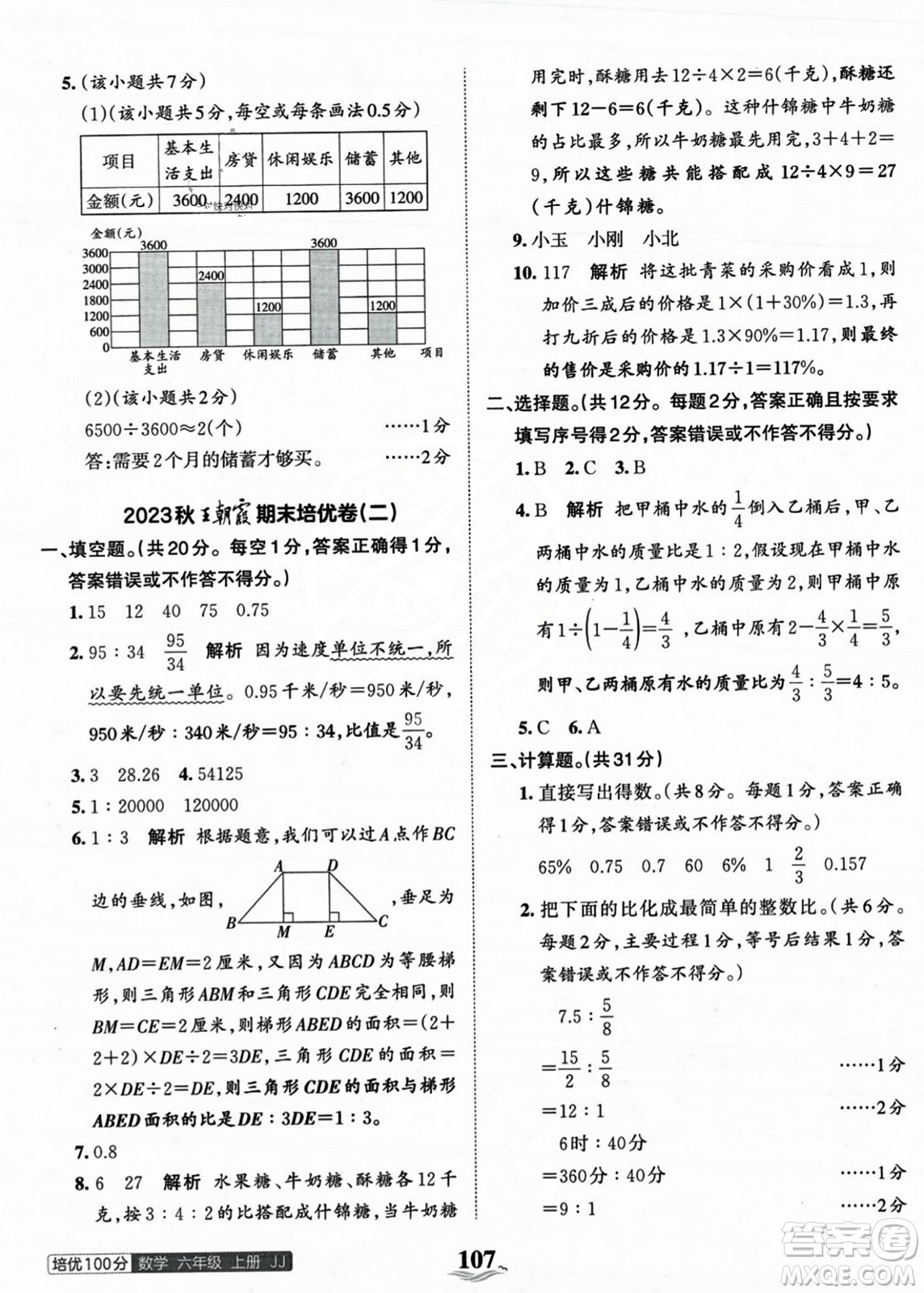 江西人民出版社2023年秋王朝霞培優(yōu)100分六年級(jí)數(shù)學(xué)上冊(cè)冀教版答案