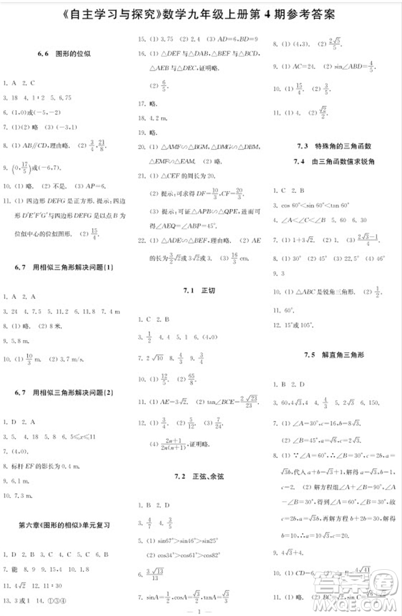 2023年秋時代學習報自主學習與探究九年級數(shù)學上冊第4期參考答案