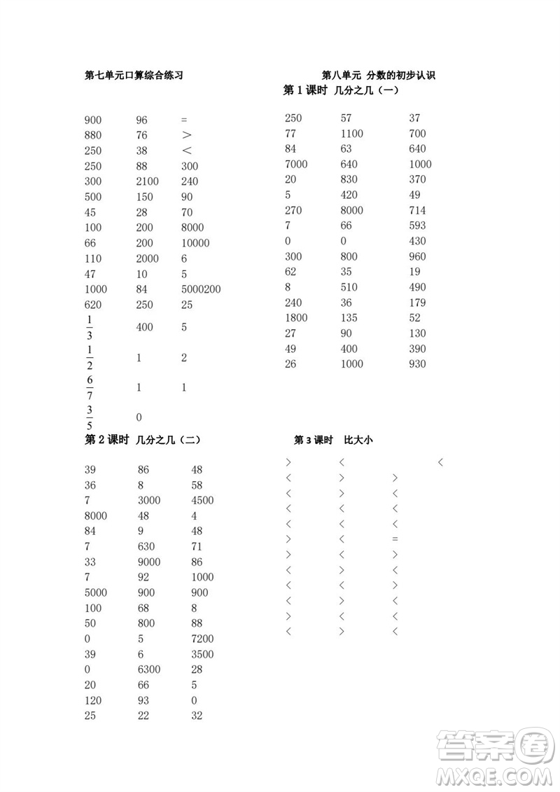 吉林出版集團股份有限公司2023年秋小學(xué)數(shù)學(xué)口算速算心算三年級上冊人教版參考答案