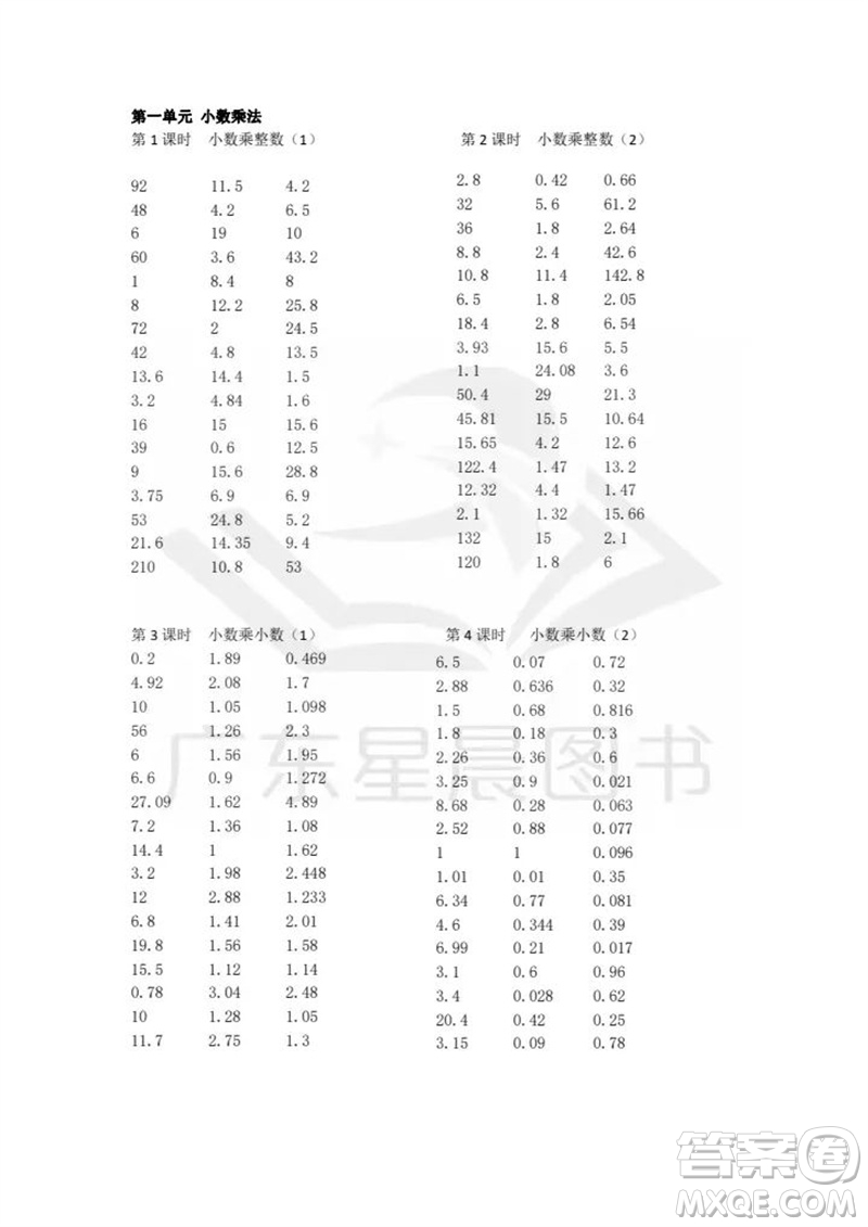 吉林出版集團(tuán)股份有限公司2023年秋小學(xué)數(shù)學(xué)口算速算心算五年級(jí)上冊(cè)人教版參考答案