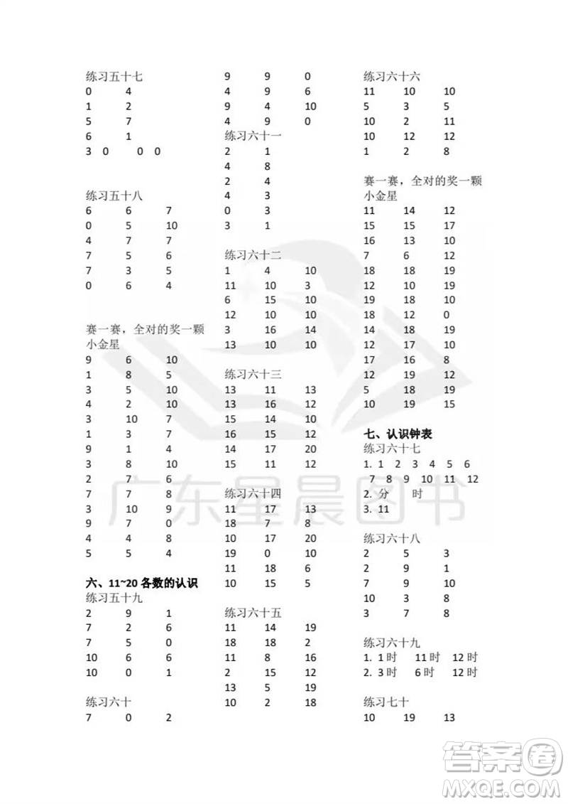 廣東人民出版社2023年秋核心素養(yǎng)數(shù)學(xué)口算每天一練一年級(jí)上冊(cè)人教版參考答案