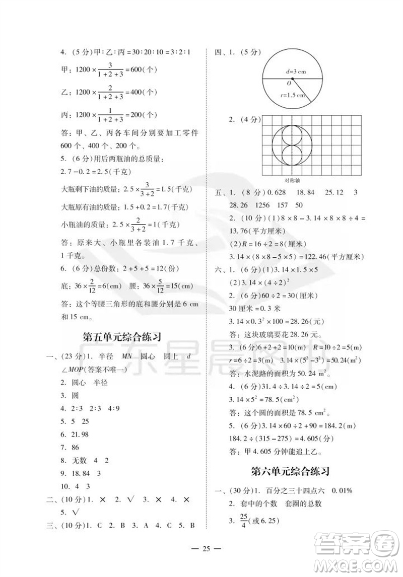 廣州出版社2023年秋小學數(shù)學目標實施手冊六年級上冊人教版廣州專版參考答案