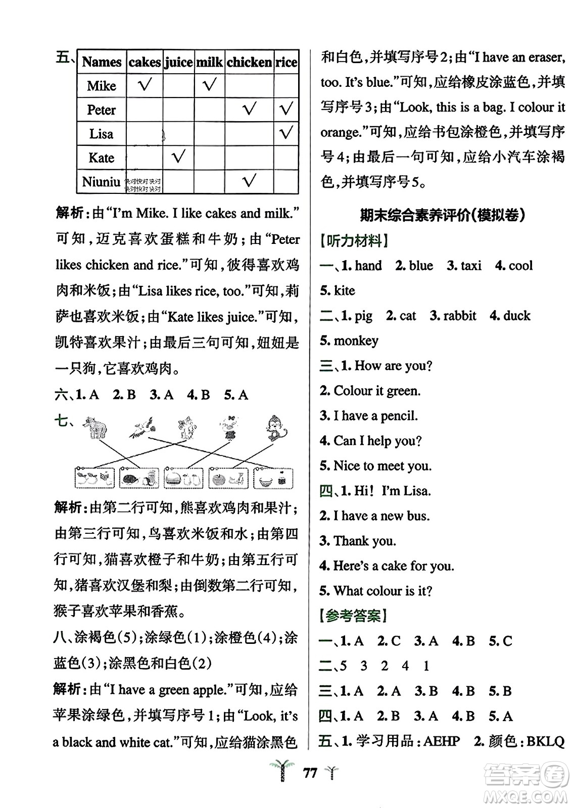 陜西師范大學出版總社2023年秋PASS小學學霸沖A卷三年級英語上冊人教精通版答案