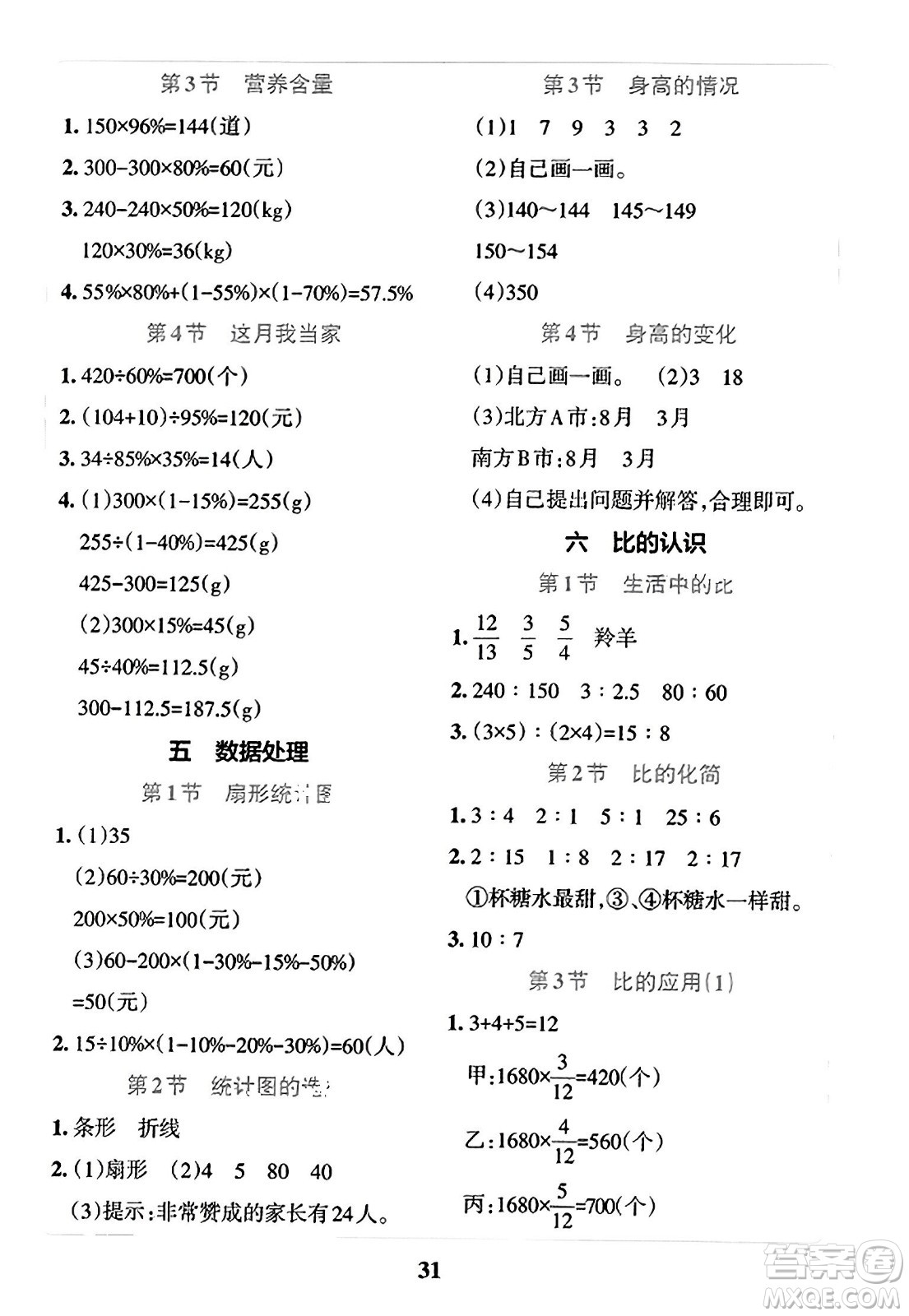 陜西師范大學(xué)出版總社2023年秋PASS小學(xué)學(xué)霸沖A卷六年級數(shù)學(xué)上冊北師大版答案