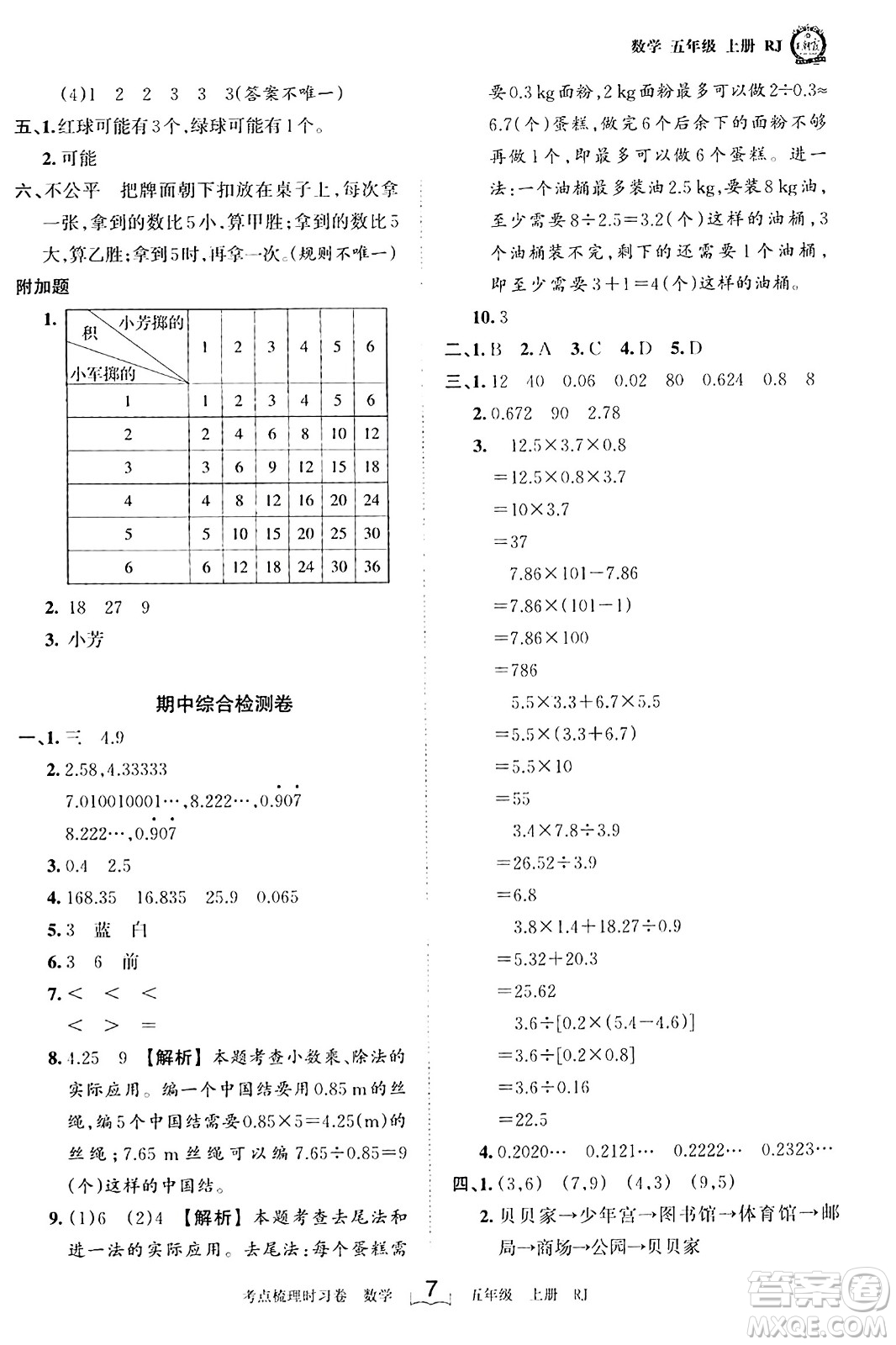 江西人民出版社2023年秋王朝霞考點(diǎn)梳理時習(xí)卷五年級數(shù)學(xué)上冊人教版答案