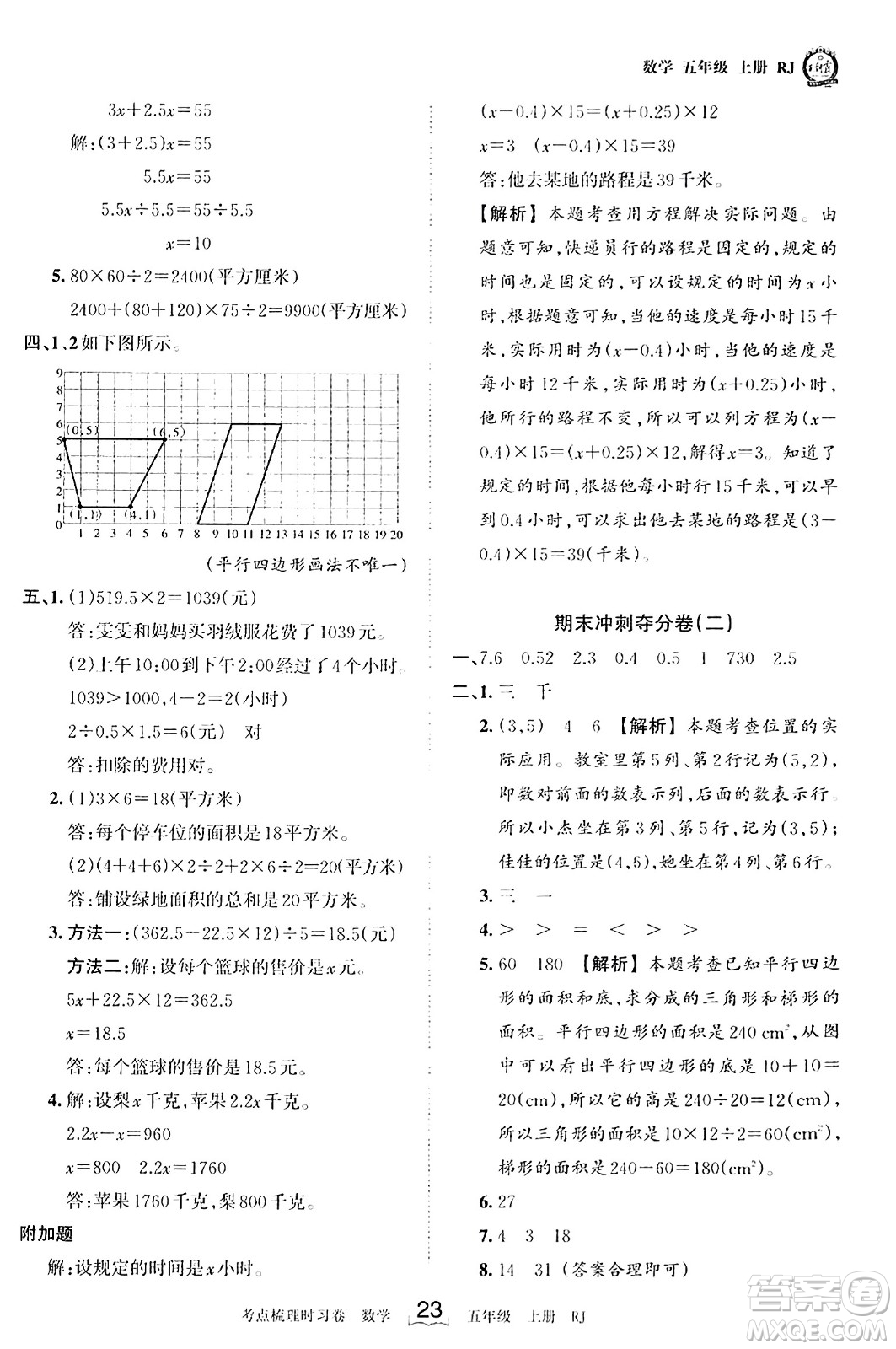 江西人民出版社2023年秋王朝霞考點(diǎn)梳理時習(xí)卷五年級數(shù)學(xué)上冊人教版答案