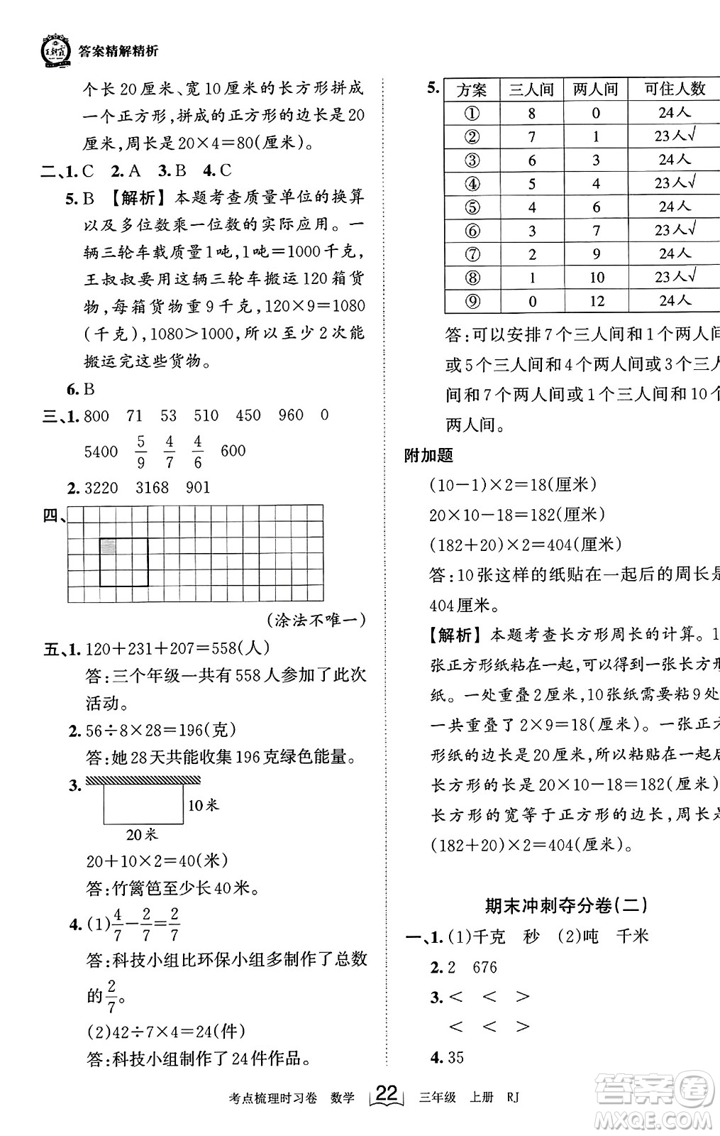 江西人民出版社2023年秋王朝霞考點(diǎn)梳理時(shí)習(xí)卷三年級(jí)數(shù)學(xué)上冊(cè)人教版答案