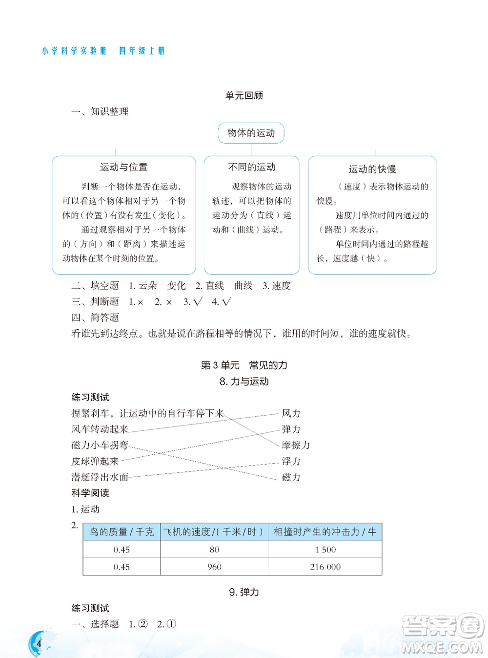 江蘇鳳凰教育出版社2023年秋小學(xué)科學(xué)實(shí)驗(yàn)冊(cè)四年級(jí)上冊(cè)蘇教版雙色版參考答案