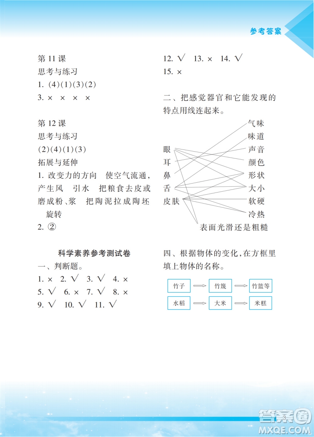 江蘇鳳凰教育出版社2023年小學(xué)科學(xué)實(shí)驗(yàn)冊(cè)一年級(jí)上冊(cè)蘇教版江蘇山西專用參考答案