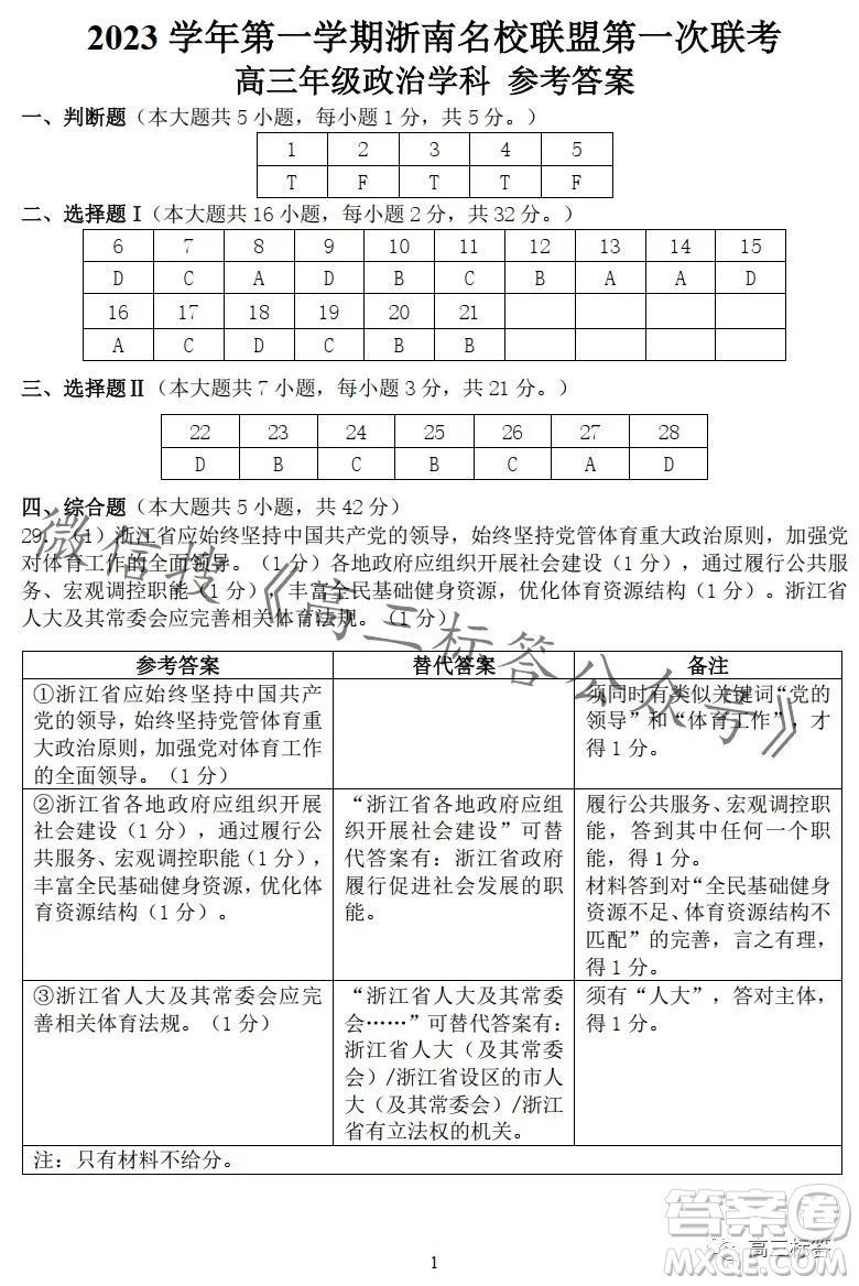 浙南名校聯(lián)盟2023學(xué)年高三第一學(xué)期第一次聯(lián)考政治試卷答案