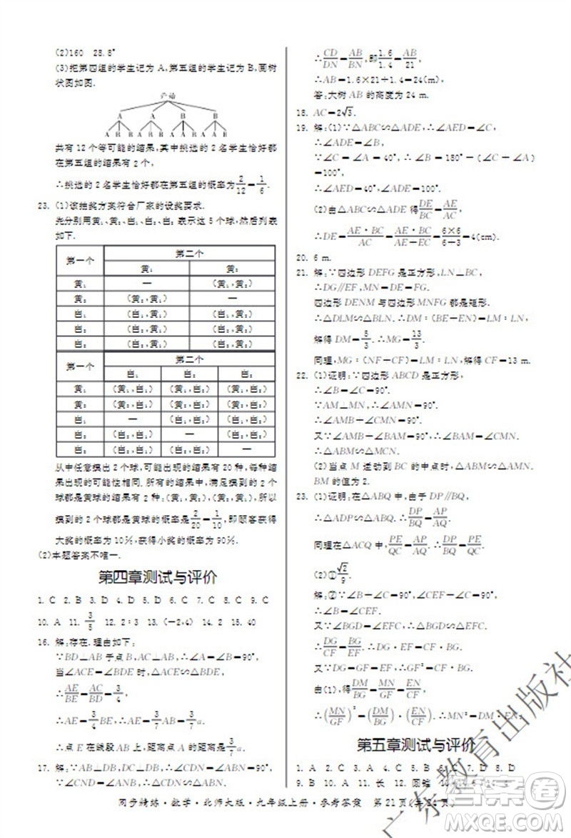 廣東教育出版社2023年秋同步精練九年級數(shù)學上冊北師大版參考答案