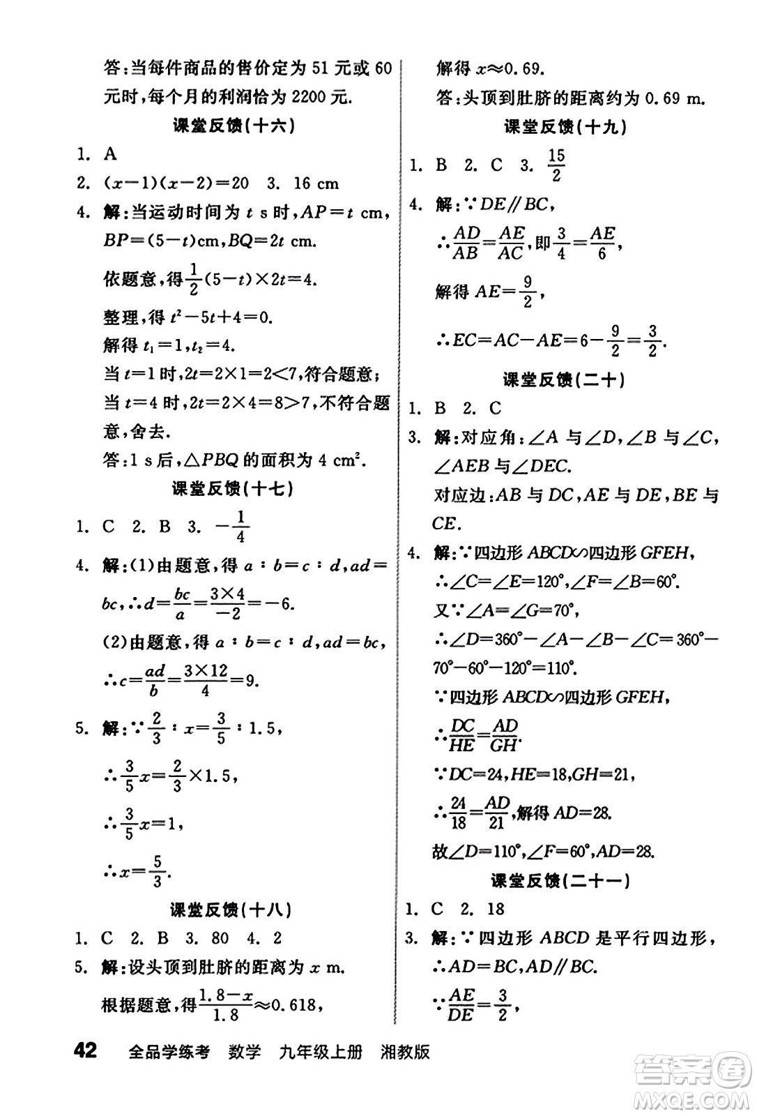 陽(yáng)光出版社2023年秋全品學(xué)練考九年級(jí)數(shù)學(xué)上冊(cè)湘教版答案