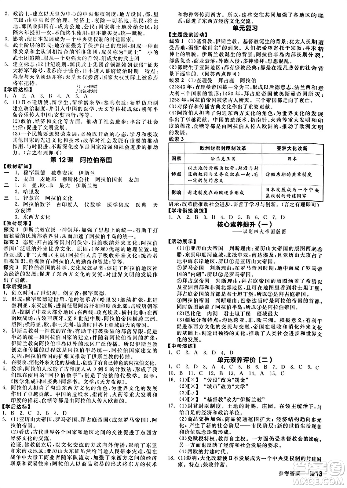 天津人民出版社2023年秋全品學練考九年級世界歷史上冊通用版答案