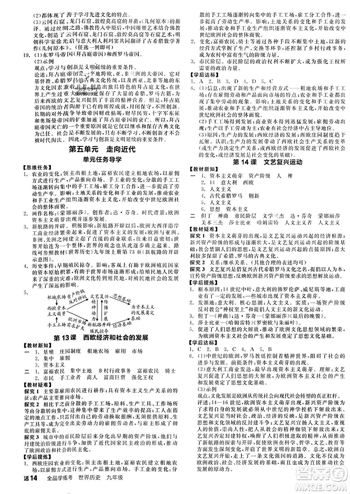 天津人民出版社2023年秋全品學練考九年級世界歷史上冊通用版答案