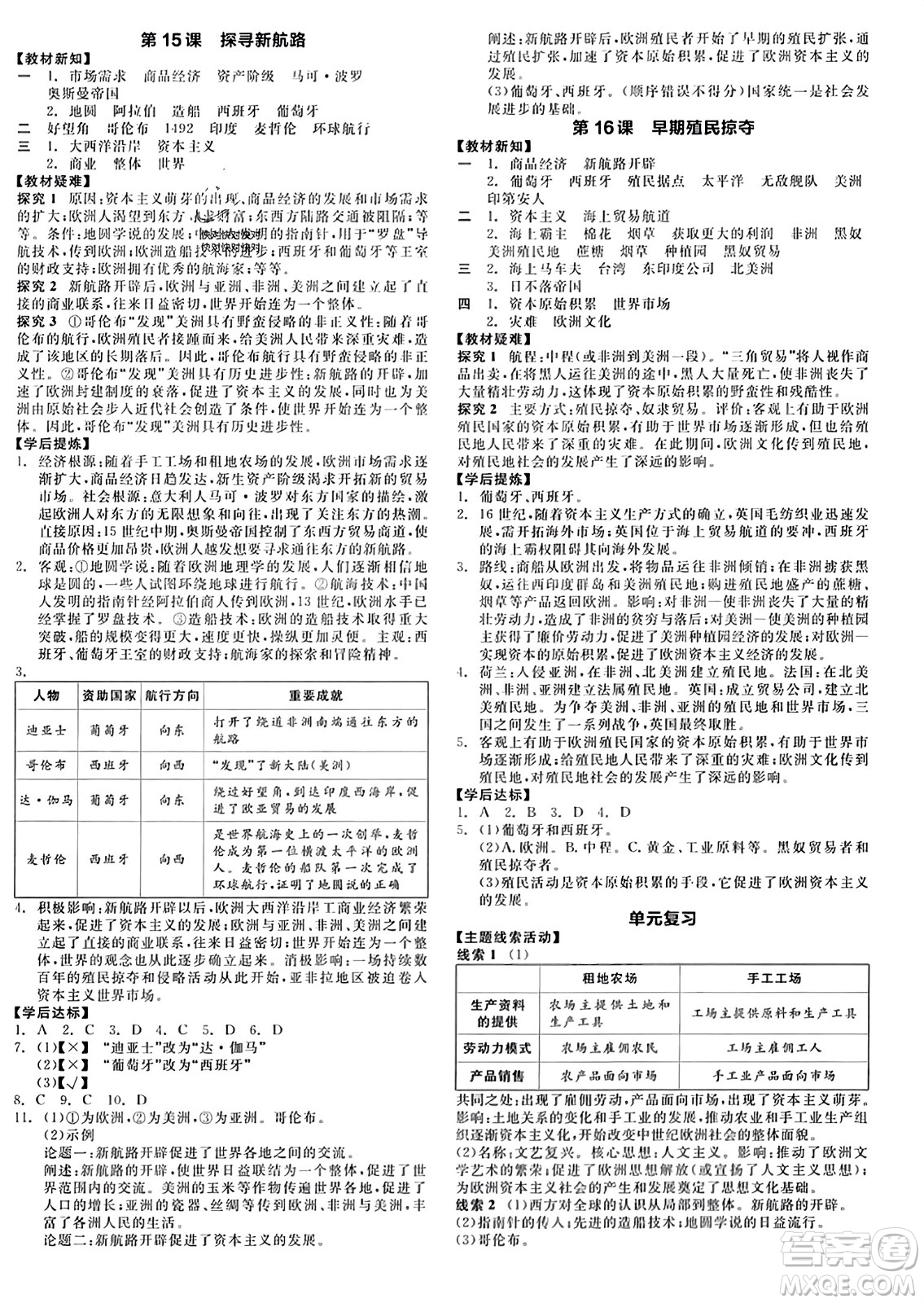 天津人民出版社2023年秋全品學練考九年級世界歷史上冊通用版答案