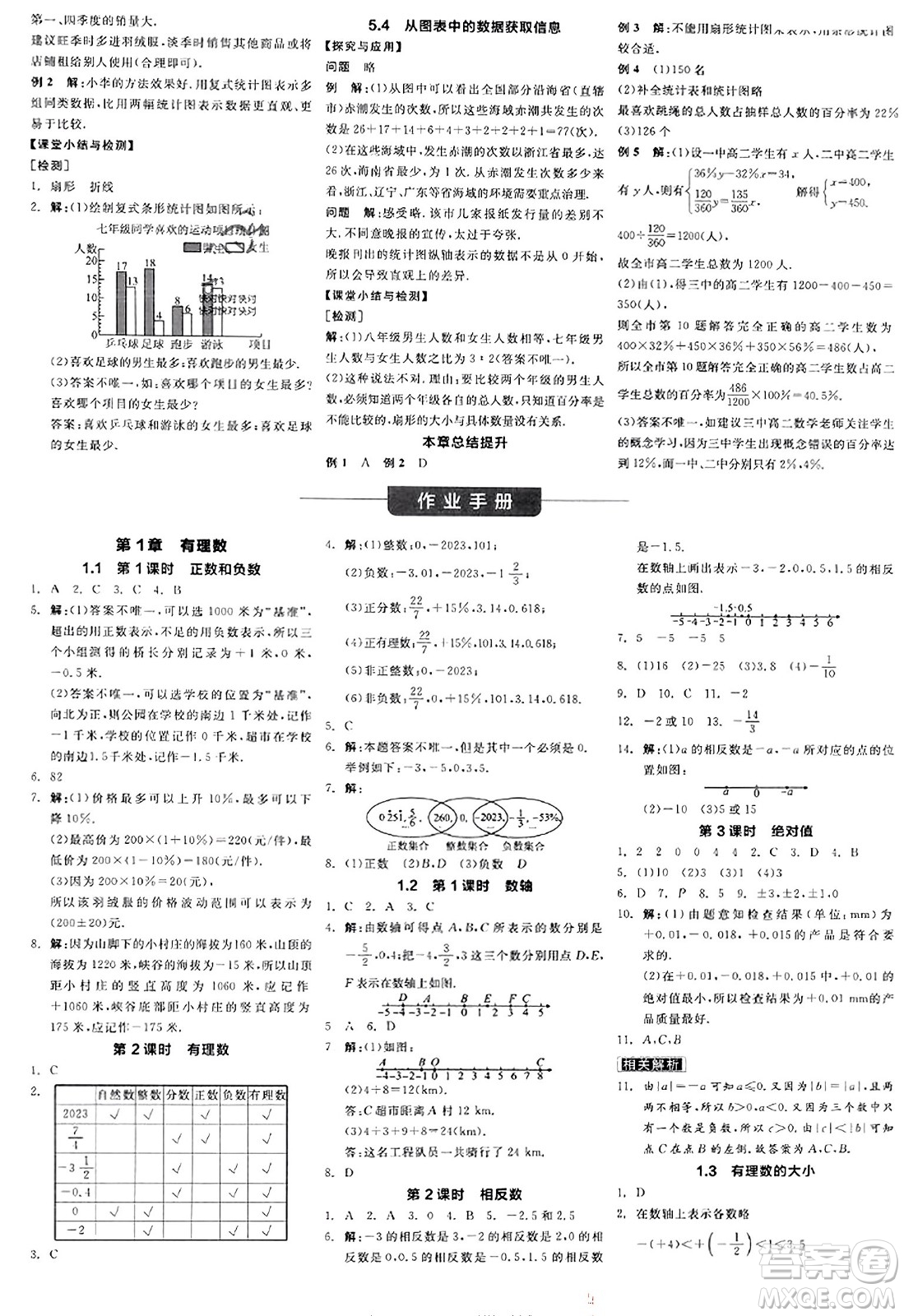 陽光出版社2023年秋全品學(xué)練考作業(yè)手冊七年級數(shù)學(xué)上冊滬科版答案