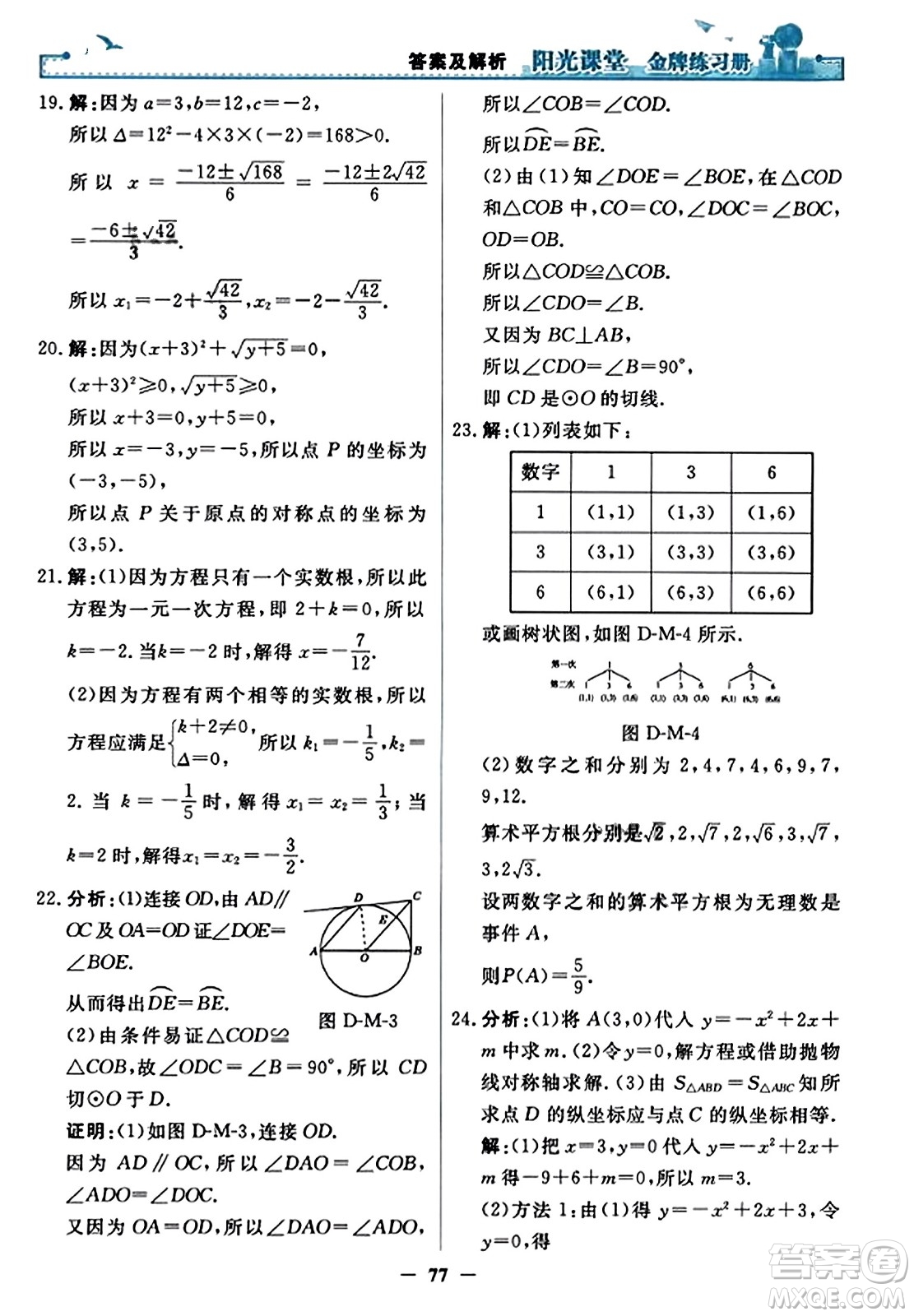 人民教育出版社2023年秋陽光課堂金牌練習(xí)冊九年級數(shù)學(xué)上冊人教版答案?