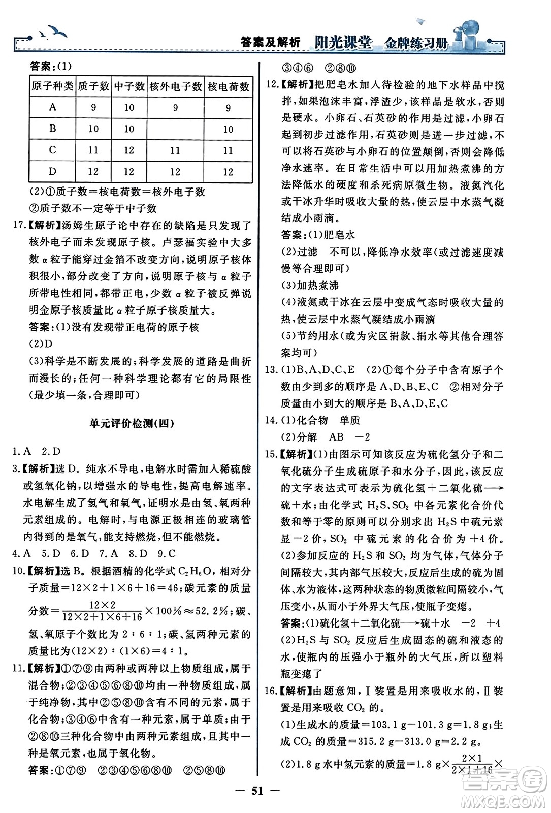 人民教育出版社2023年秋陽光課堂金牌練習(xí)冊九年級化學(xué)上冊人教版答案