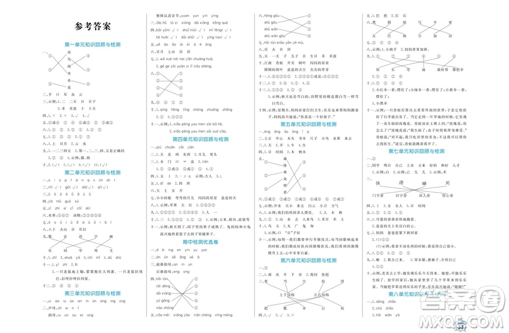 沈陽出版社2023年秋黃岡名卷一年級(jí)語文上冊(cè)人教版參考答案