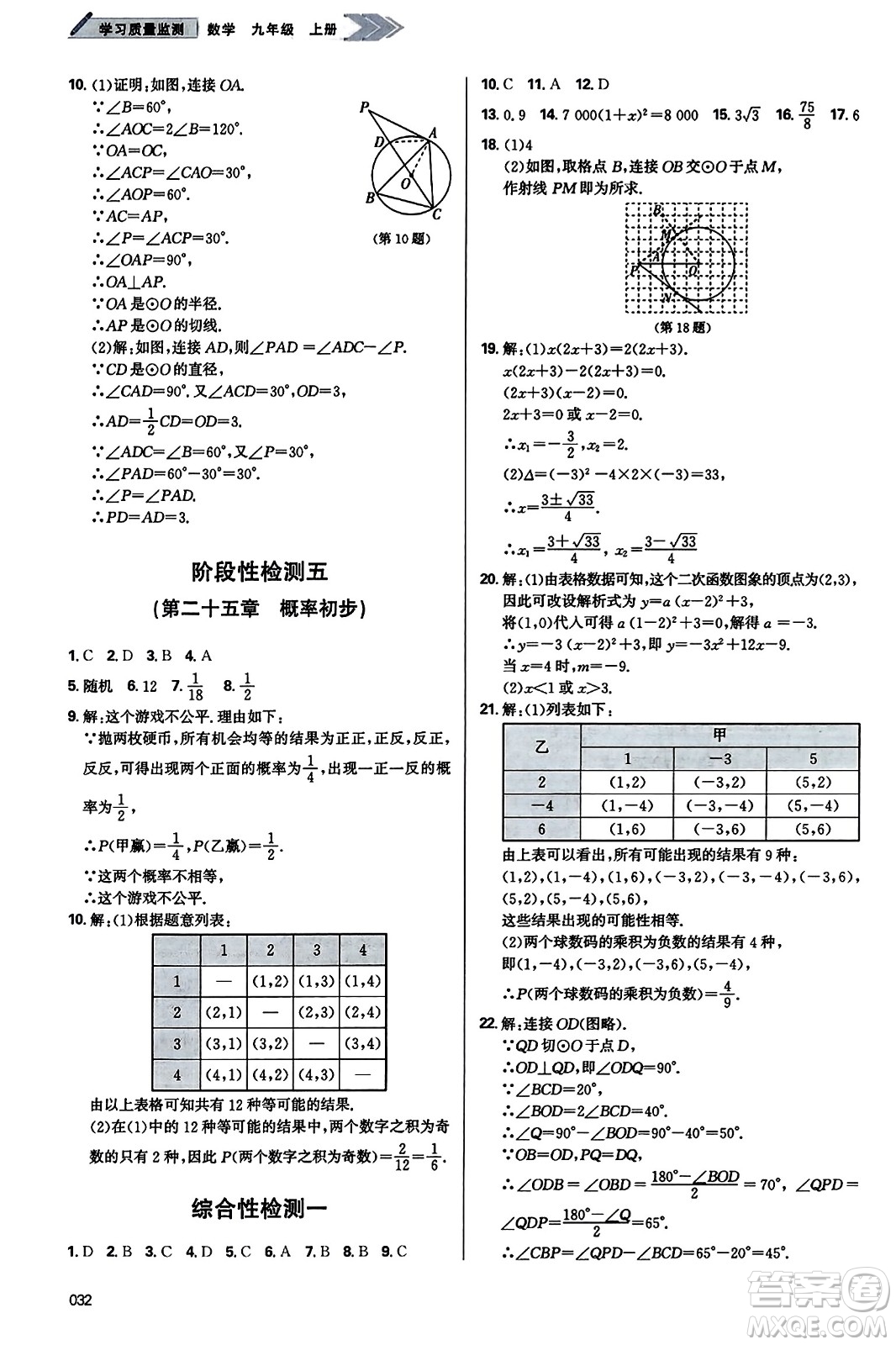 天津教育出版社2023年秋學(xué)習(xí)質(zhì)量監(jiān)測(cè)九年級(jí)數(shù)學(xué)上冊(cè)人教版答案