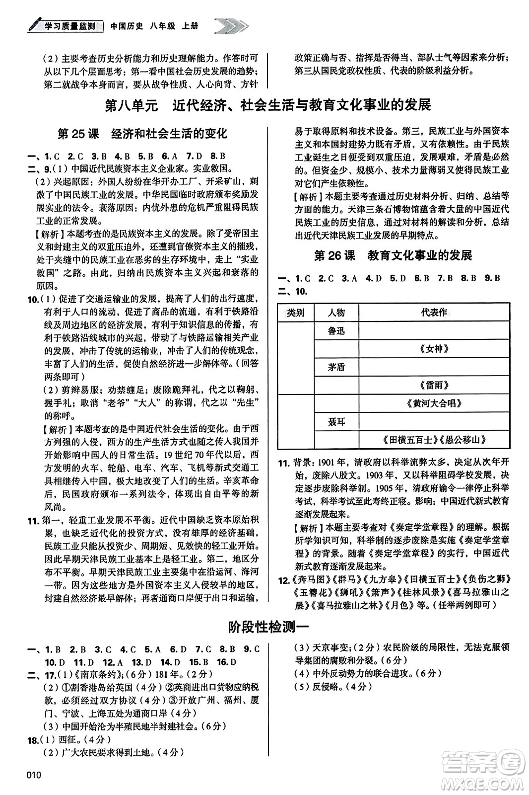 天津教育出版社2023年秋學(xué)習(xí)質(zhì)量監(jiān)測(cè)八年級(jí)中國(guó)歷史上冊(cè)人教版答案