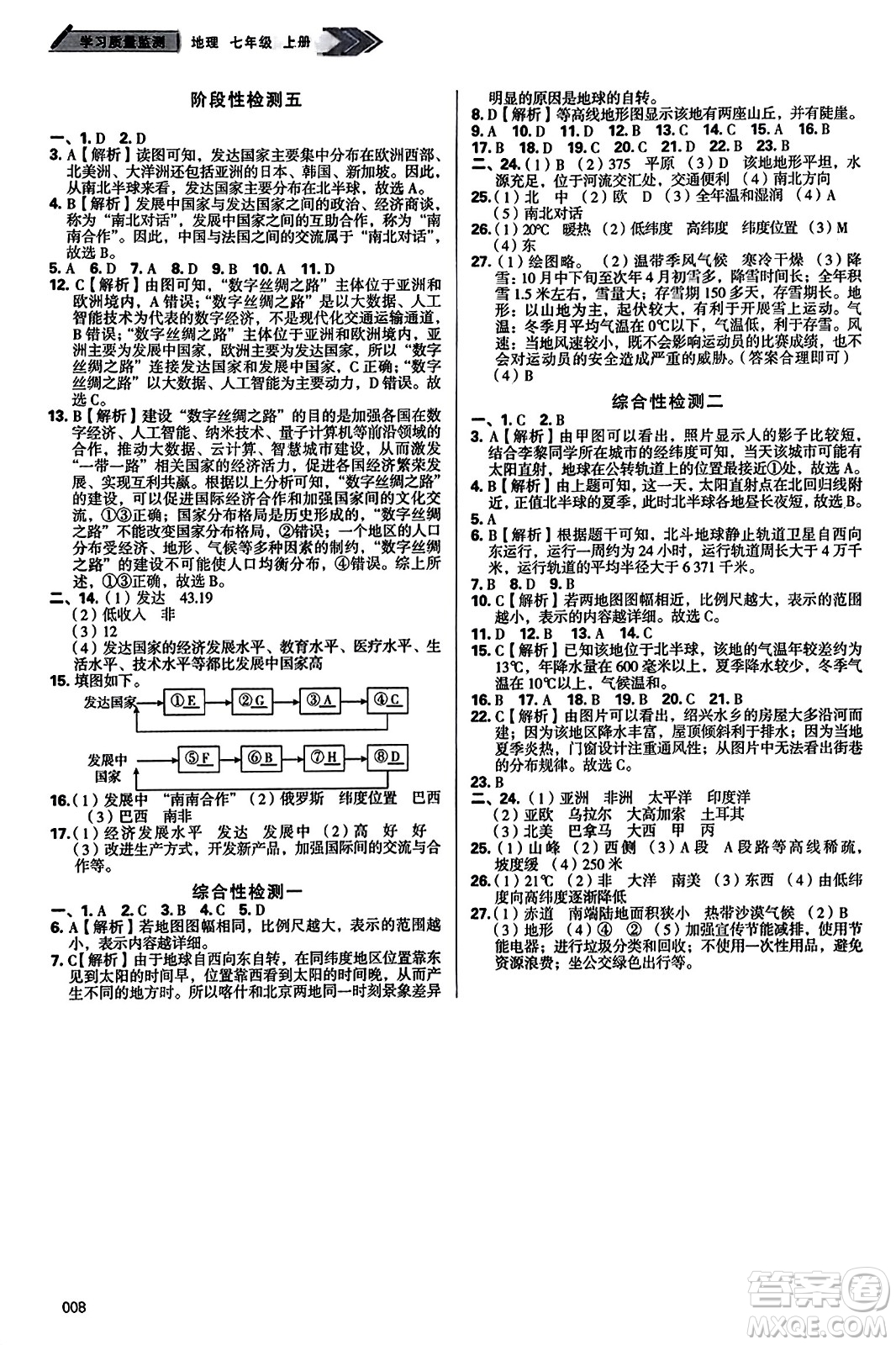 天津教育出版社2023年秋學習質量監(jiān)測七年級地理上冊人教版答案