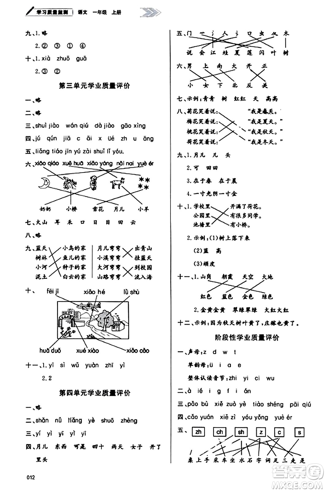 天津教育出版社2023年秋學(xué)習(xí)質(zhì)量監(jiān)測一年級語文上冊人教版答案