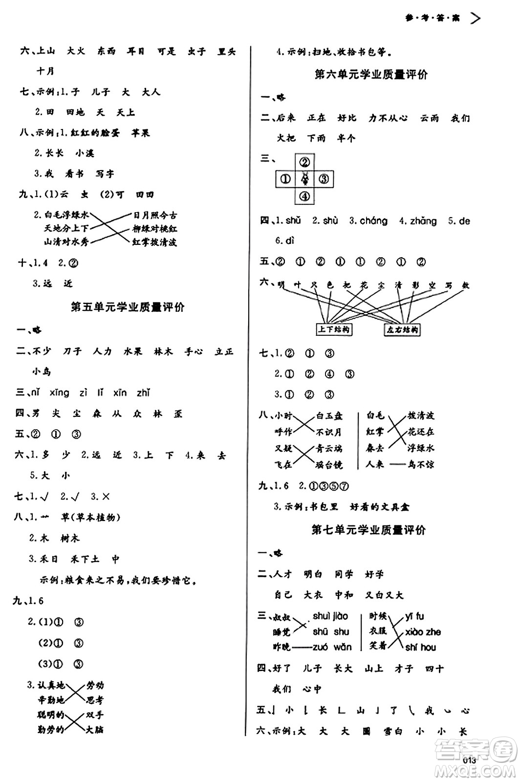 天津教育出版社2023年秋學(xué)習(xí)質(zhì)量監(jiān)測一年級語文上冊人教版答案