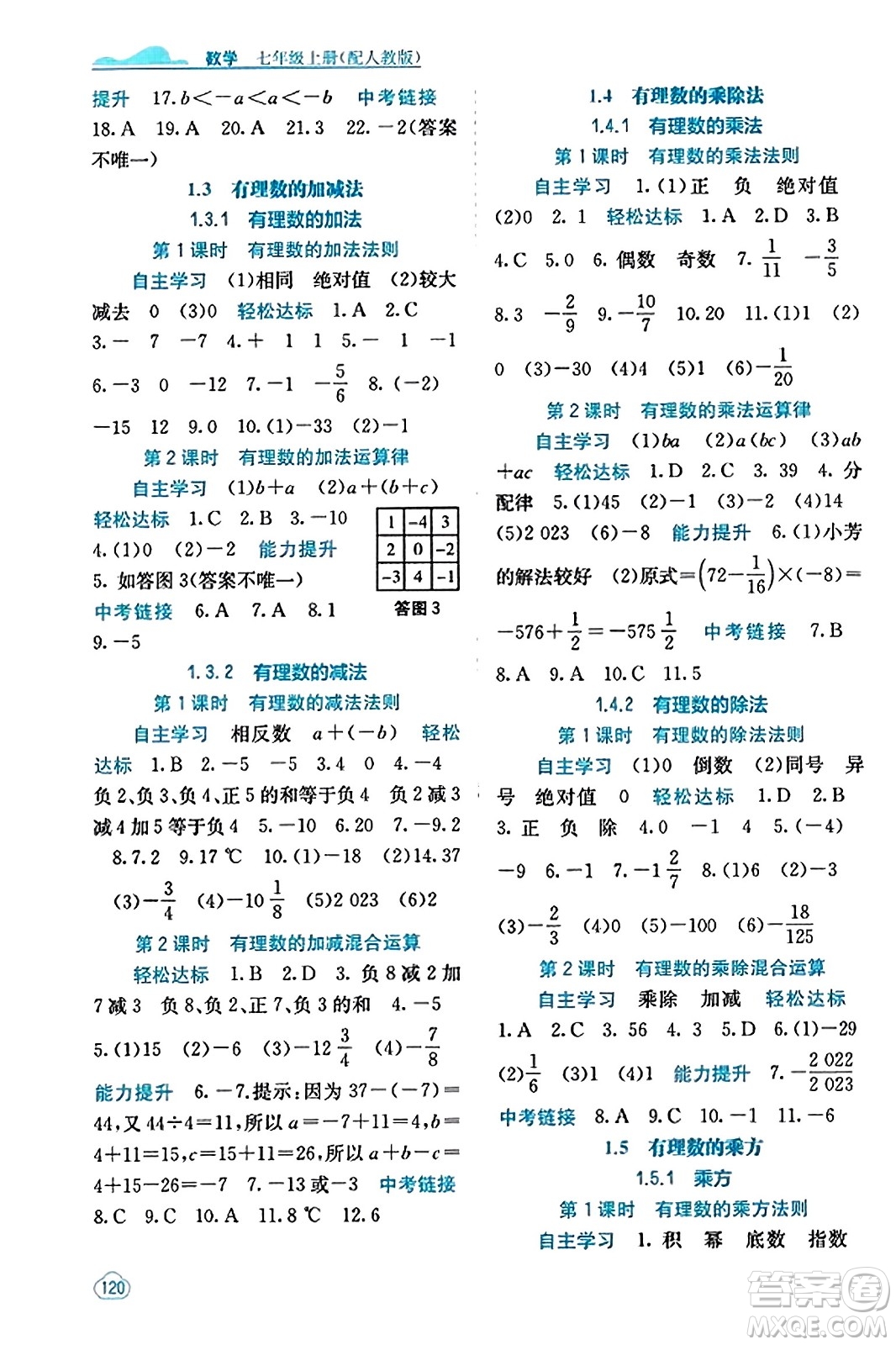 廣西教育出版社2023年秋自主學(xué)習(xí)能力測評(píng)七年級(jí)數(shù)學(xué)上冊人教版答案