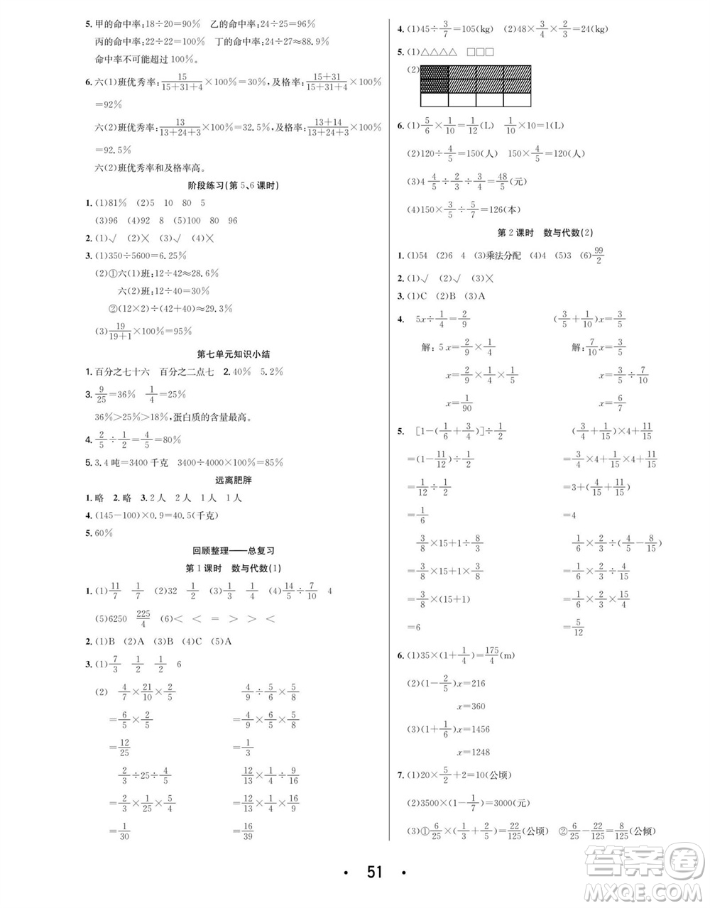 合肥工業(yè)大學(xué)出版社2023年秋七天學(xué)練考六年級(jí)數(shù)學(xué)上冊(cè)青島版參考答案