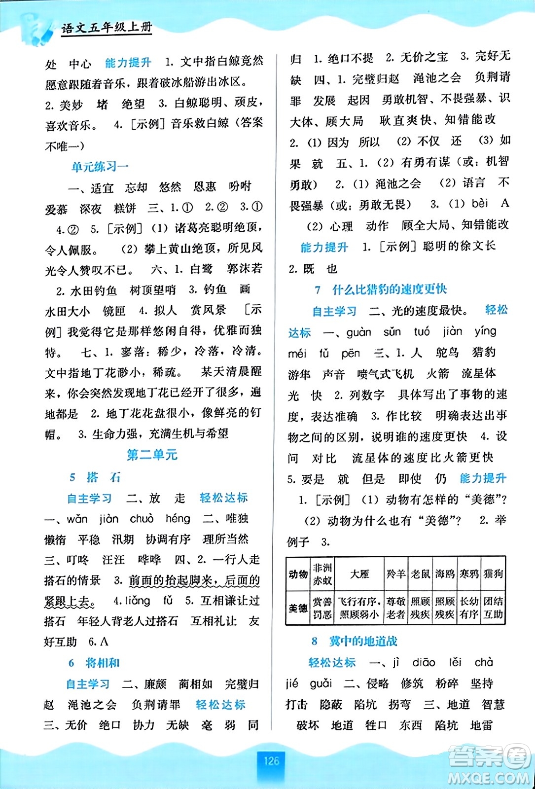 廣西教育出版社2023年秋自主學(xué)習(xí)能力測評五年級語文上冊人教版答案