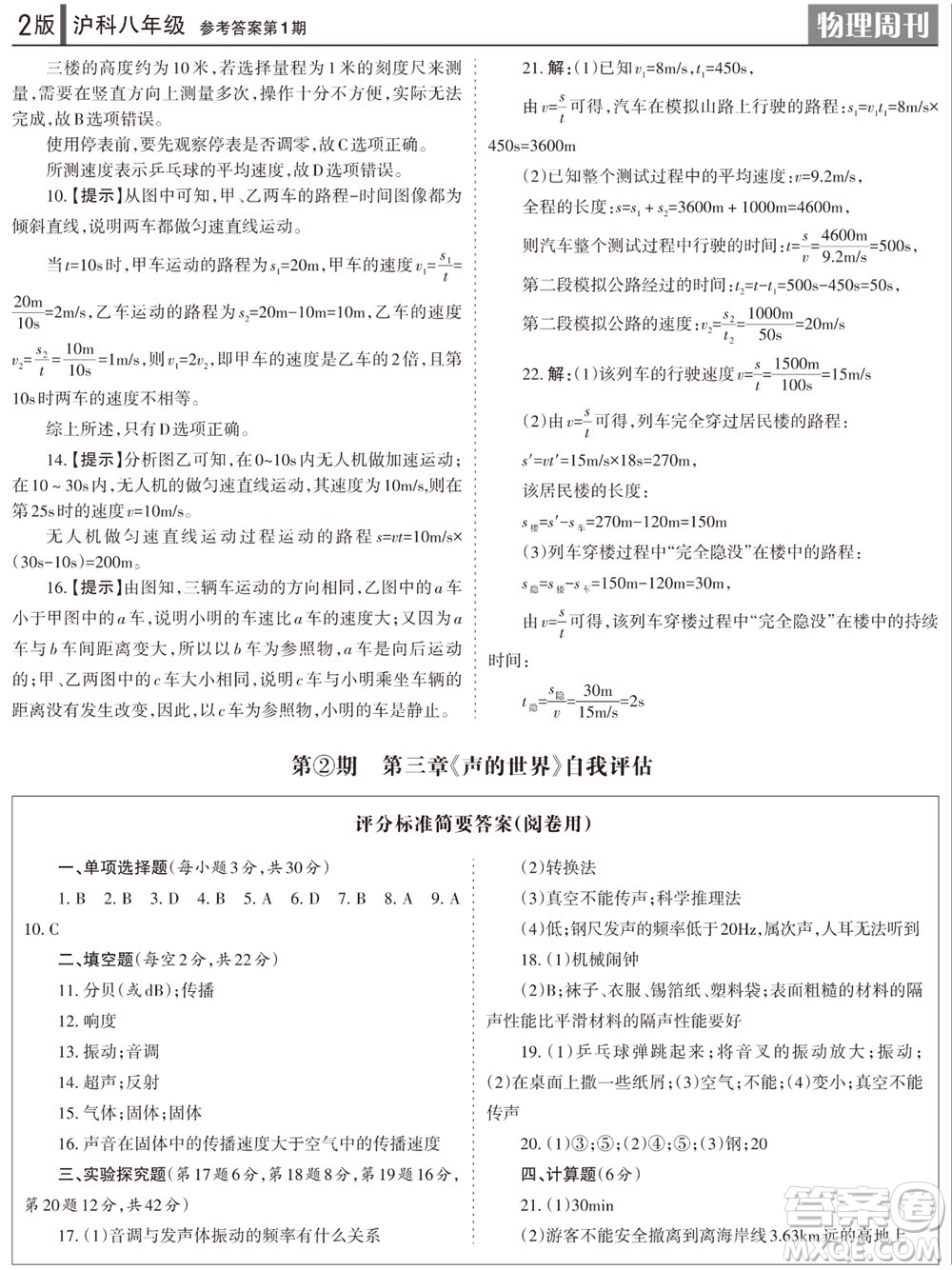 2023年秋學(xué)習(xí)方法報(bào)物理周刊八年級(jí)上冊(cè)滬科版1-2期參考答案