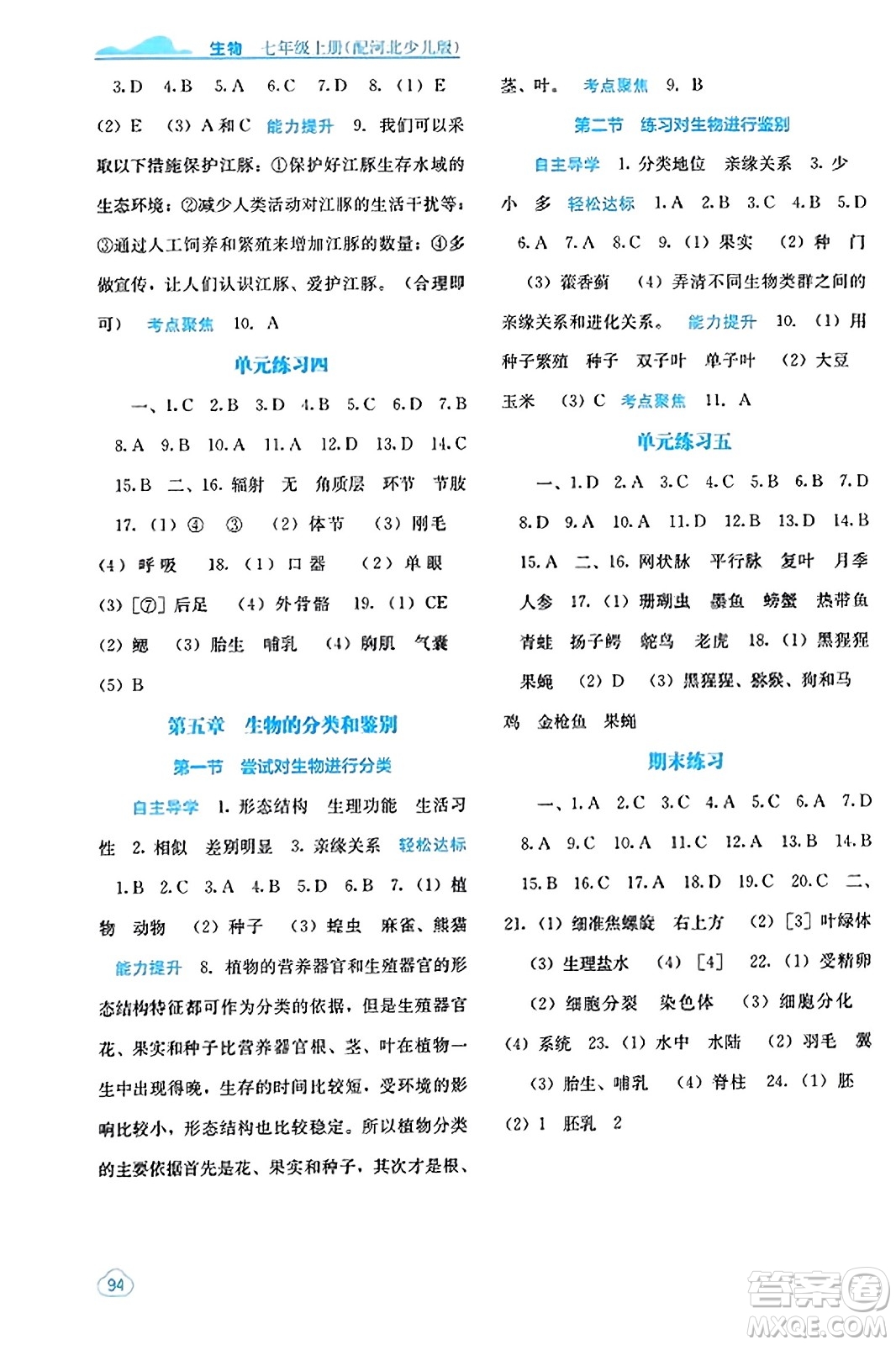 廣西教育出版社2023年秋自主學(xué)習(xí)能力測(cè)評(píng)七年級(jí)生物上冊(cè)冀少版答案