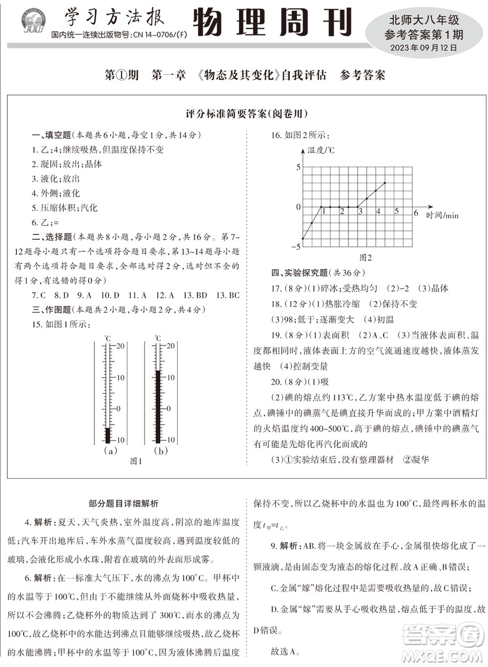 2023年秋學(xué)習(xí)方法報(bào)物理周刊八年級(jí)上冊(cè)北師大版第1-2期參考答案