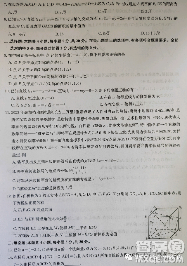 河北省2023-2024學年高二上學期10月月考數(shù)學試題答案