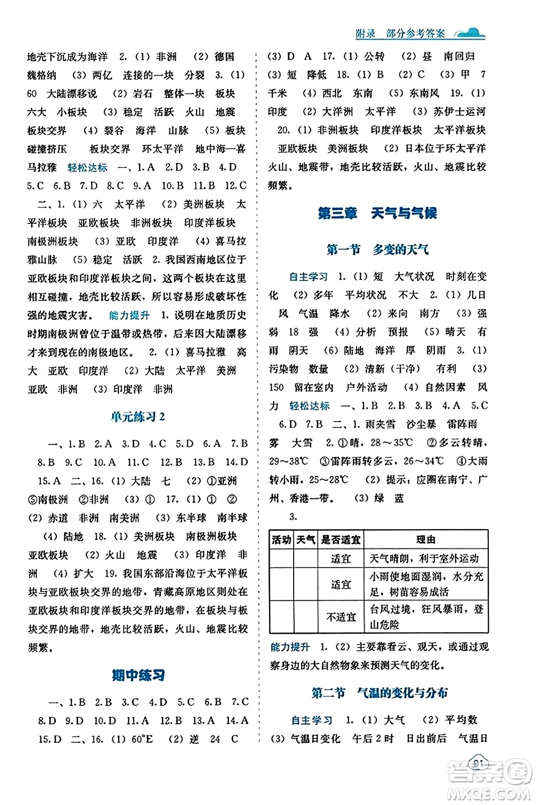 廣西教育出版社2023年秋自主學習能力測評七年級地理上冊人教版答案