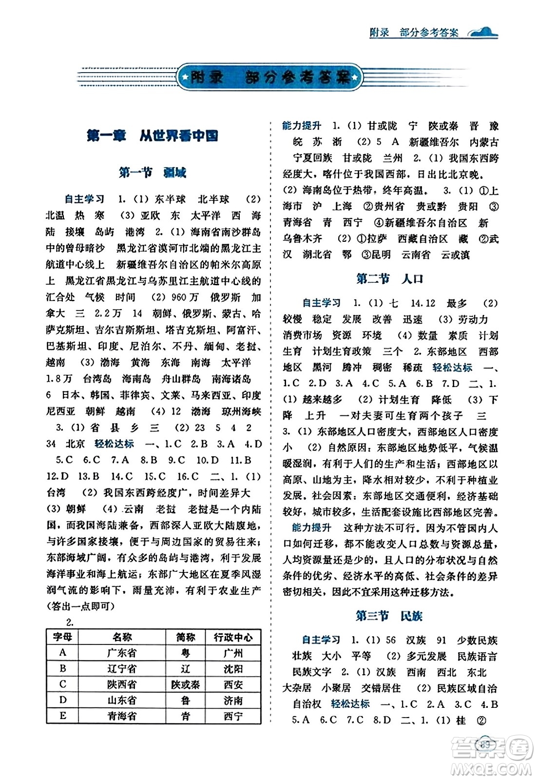 廣西教育出版社2023年秋自主學習能力測評八年級地理上冊人教版答案