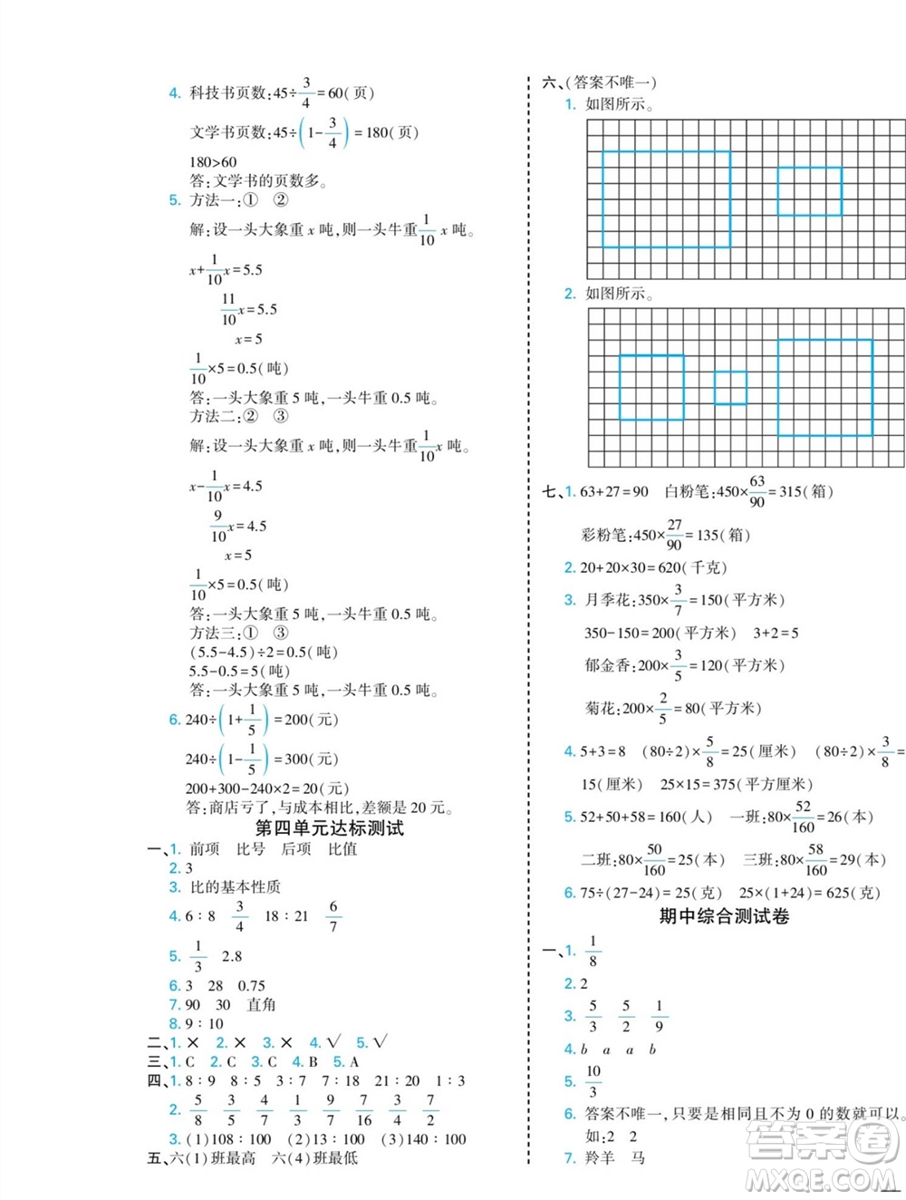 河北美術(shù)出版社2023年秋龍門小考王六年級數(shù)學(xué)上冊人教版參考答案