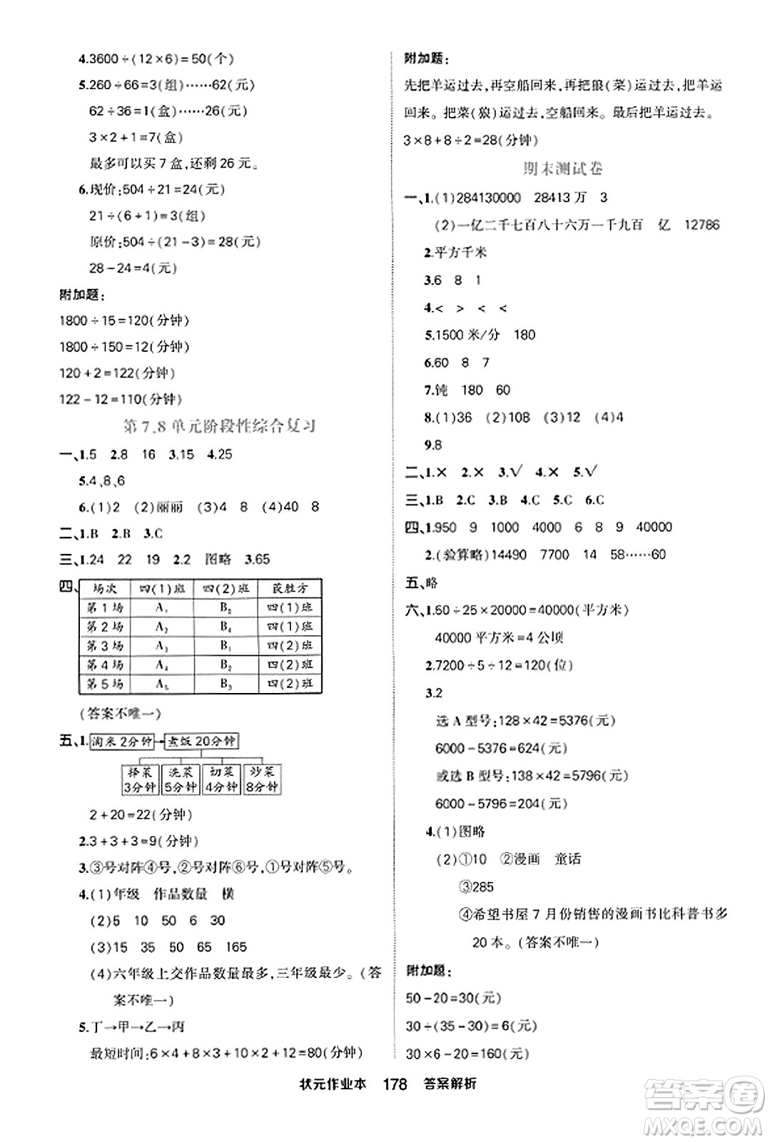 西安出版社2023年秋狀元成才路狀元作業(yè)本四年級數(shù)學上冊人教版答案