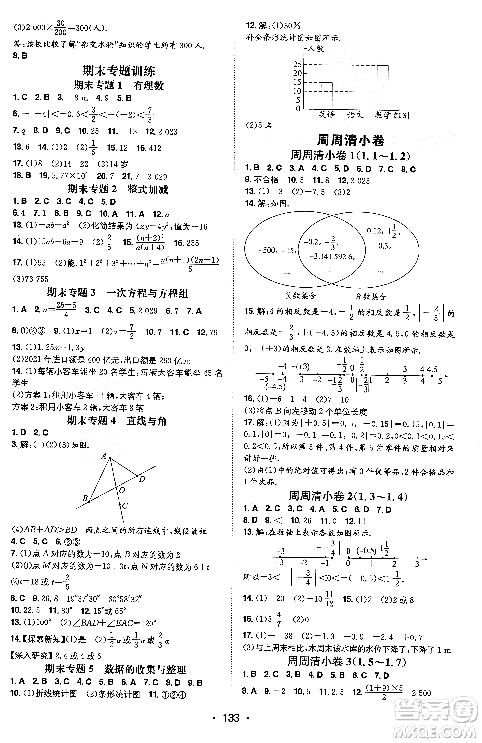 湖南教育出版社2023年秋一本同步訓(xùn)練七年級數(shù)學(xué)上冊滬科版安徽專版答案