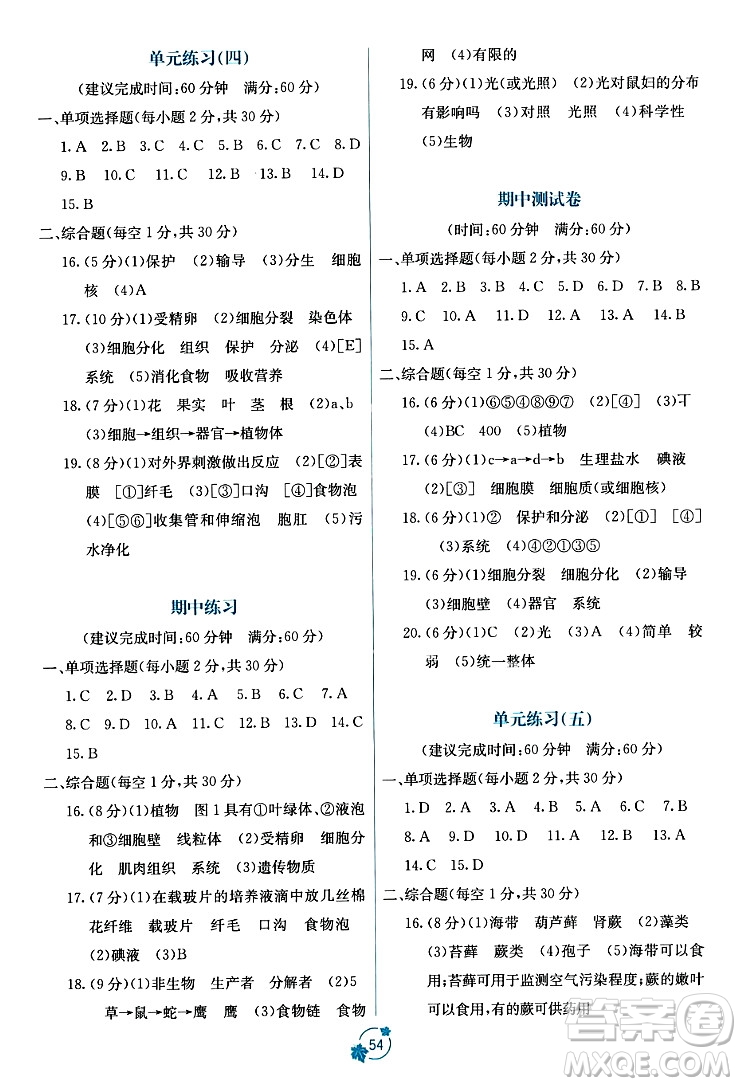 廣西教育出版社2023年秋自主學(xué)習(xí)能力測評單元測試七年級生物上冊人教版A版答案