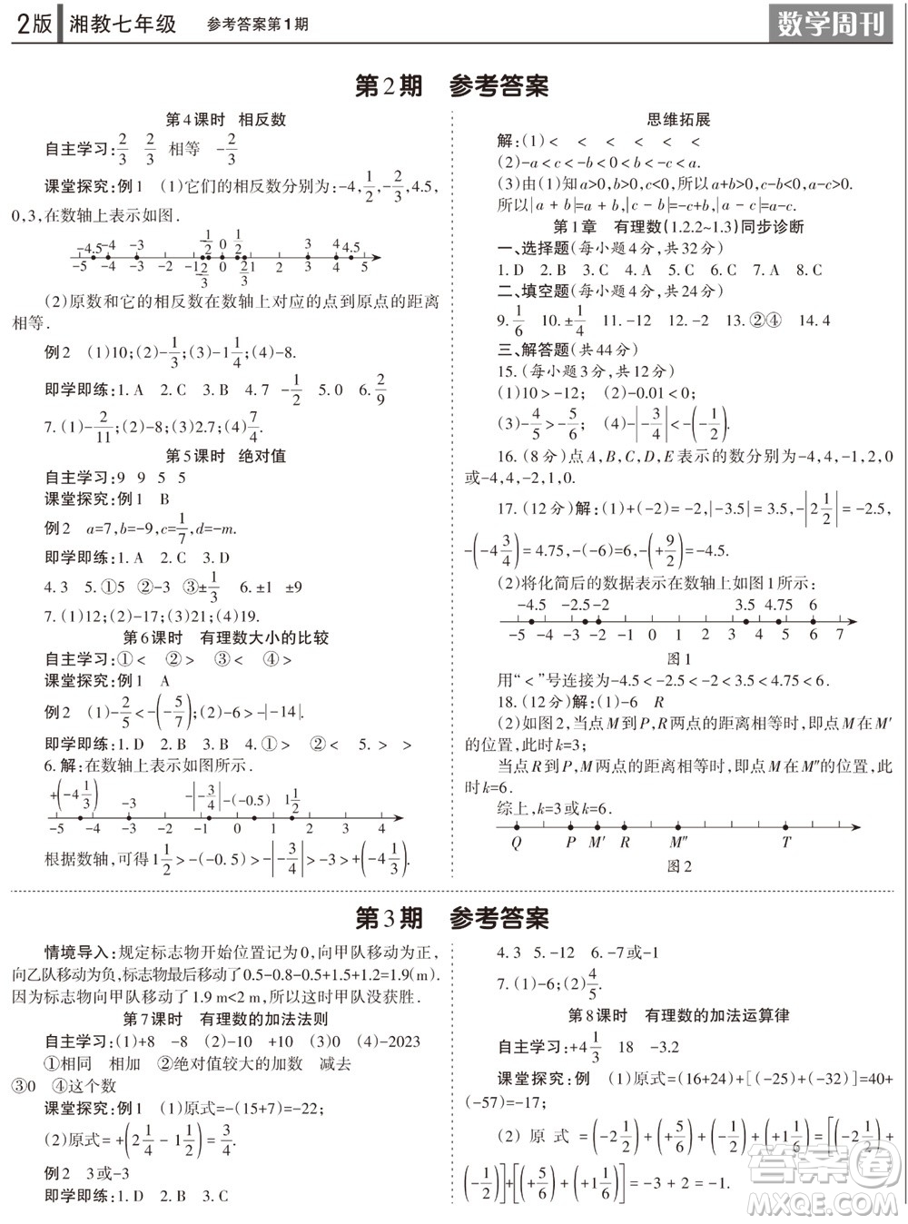 2023年秋學(xué)習(xí)方法報數(shù)學(xué)周刊七年級上冊湘教版第1-4期參考答案