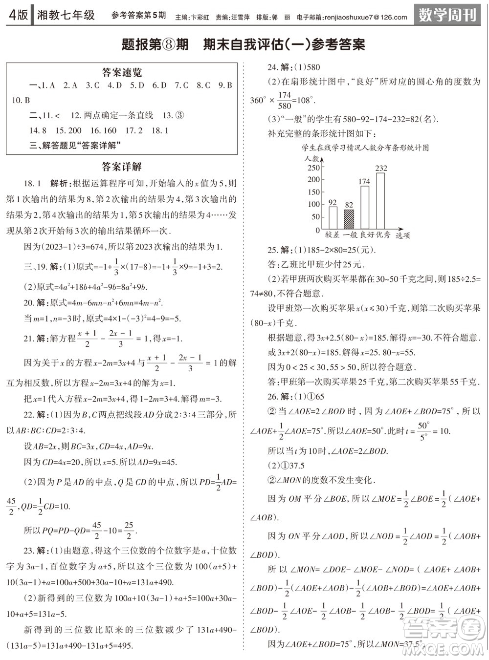 2023年秋學(xué)習(xí)方法報(bào)數(shù)學(xué)周刊七年級上冊湘教版第5期參考答案