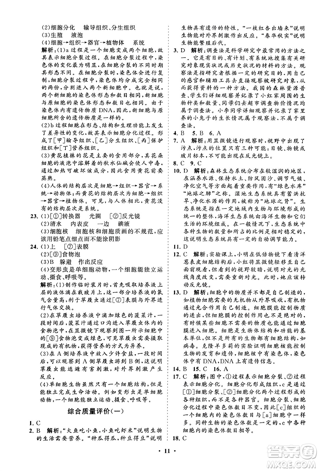 山東教育出版社2023年秋初中同步練習(xí)冊分層卷七年級生物學(xué)上冊人教版答案